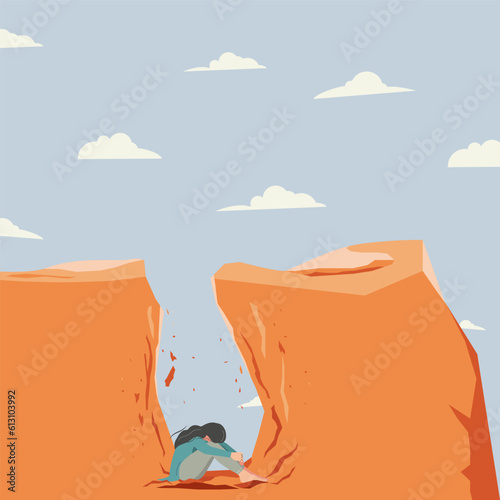 Female trapped into deep hole, need help vector illustration