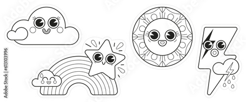 Série de dessin pour coloriage sur le thème de la météo, nuage mignon et souriant, arc-en-ciel et étoile filante, soleil dans le ciel, foudre et goutte de pluie, des personnages en noir et blanc