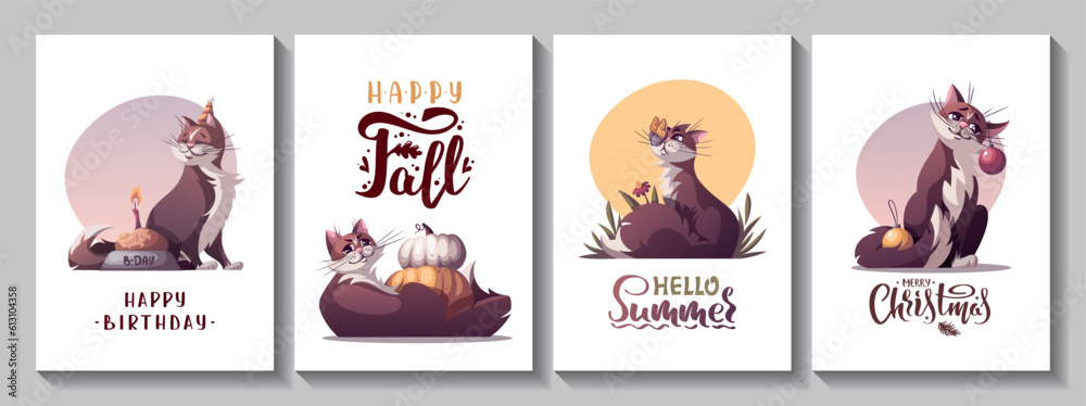 Set of cards with cats with christmas balls, pumpkins, bowl of cat food. New Year, Christmas, Birthday, Thanksgiving, Summer celebration concept. Vector illustration for card, postcard, cover.