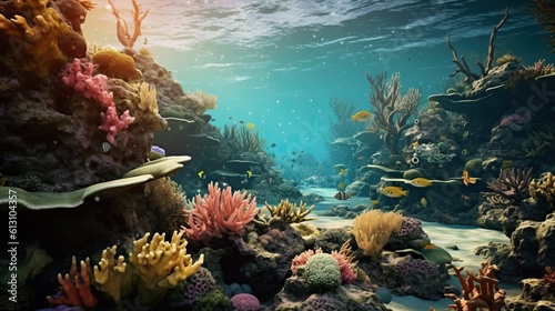 a coral reef has sun beams as light shines below, background © EnelEva