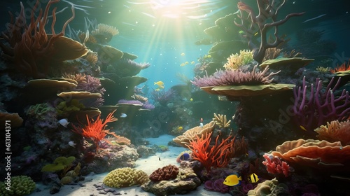 a coral reef has sun beams as light shines below, background