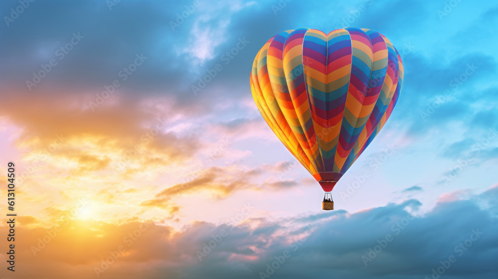 Fototapeta premium hot air balloon in flight during sunrise background. Generative Ai