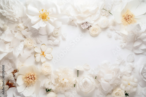 Flowers surrounding white empty piece of paper. Generative AI illustration