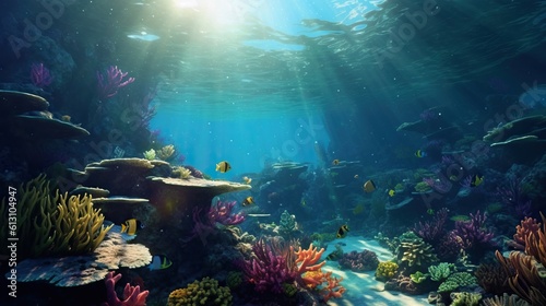 a coral reef has sun beams as light shines below  background
