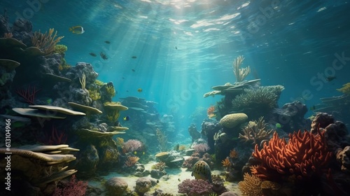 a coral reef has sun beams as light shines below  background
