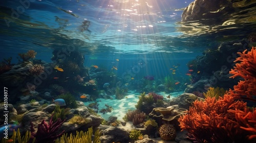 a coral reef has sun beams as light shines below, background © EnelEva