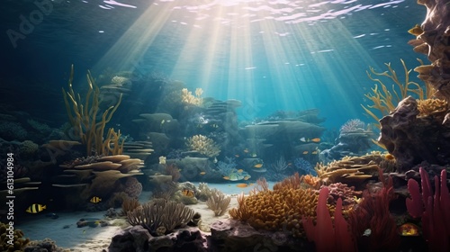 a coral reef has sun beams as light shines below, background