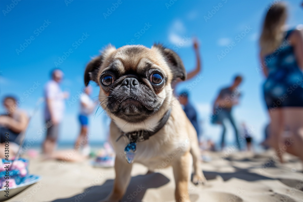 Pug dog at summer beach party. Generative AI illustration