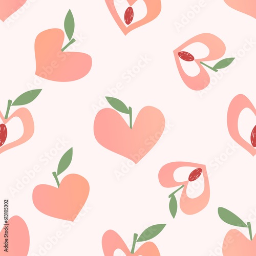Seamless pattern of heart shape peach fruit with green leaves on pastel pink background vector illustration. Cute fruit print.