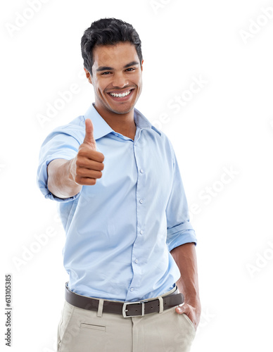 Portrait, thumbs up and man with hand in pocket isolated on a transparent png background. Happy, like hand gesture and business person with emoji for agreement, success and support, yes and thank you photo