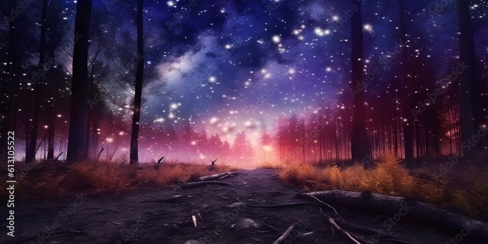 Fototapeta premium night sky forest background illustration,Generative AI