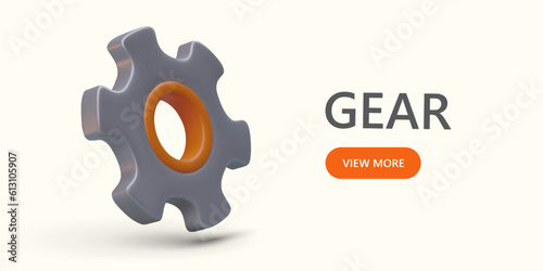 Huge 3D gear with shadow on light background. Setup and technical support. Specialist help. Advertising template for web design with bright link button