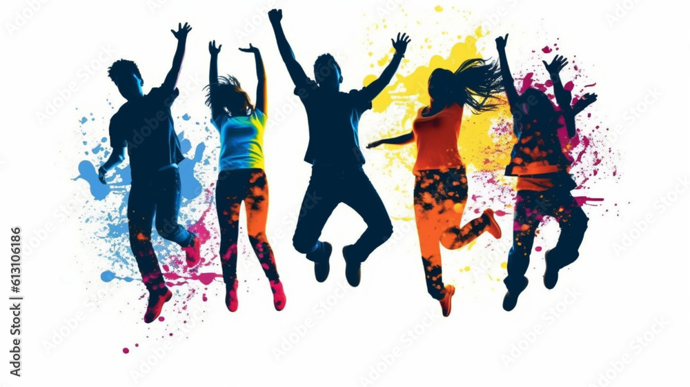 Happy jumping people silhouette and paint colorful splashes. AI generated