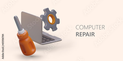 Laptop repair. Diagnostics, cleaning, replacement of parts. Finding and solving problems. Vector concept with 3D open laptop, screwdriver, washer. Place for slogan, contact details