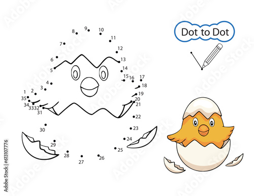 Dot to dot game. Kids activity education worksheet. Children art game with drawing image of cute chick. Drawing riddle by numbers. Vector illustration.