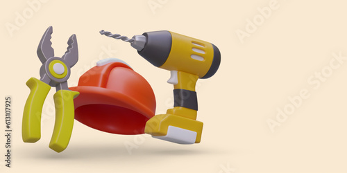 Repair time. Hand tools for construction and personal protection items. 3D figurines in plasticine style. Volumetric color illustration with space for text