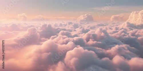 Beautiful pastel cloudscape. Fluffy clouds in the sky. Horizon from a plane. Weather and overcast dawn