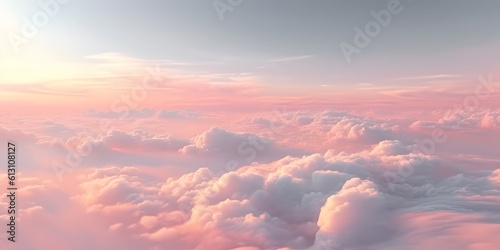 Beautiful pastel cloudscape. Fluffy clouds in the sky. Horizon from a plane. Weather and overcast dawn