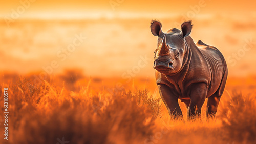 Rhinoceros in the savannah at sunset. Generative AI.