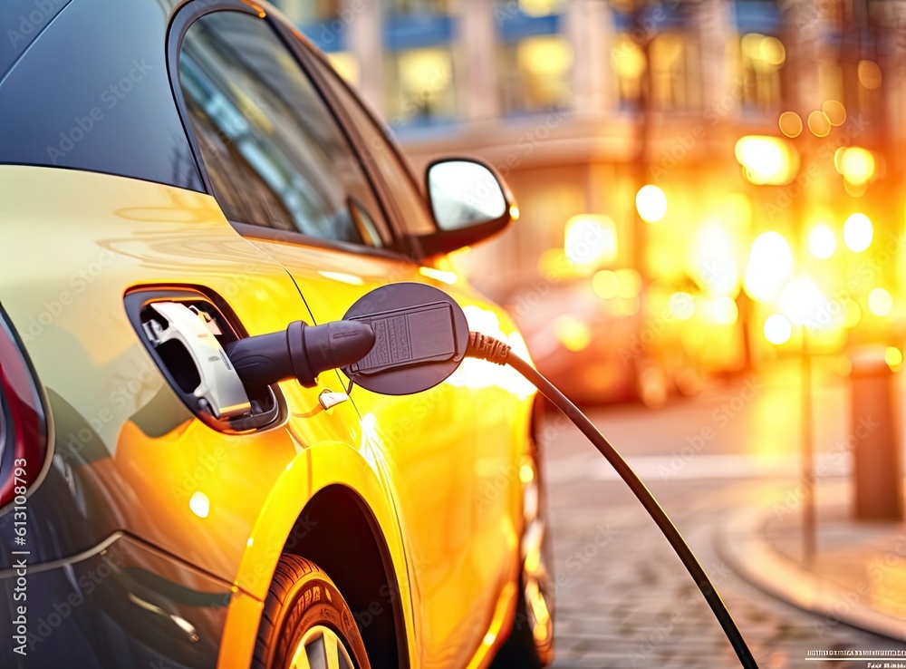The driver of the electric car inserts the electrical connector to charge the batteries. Created with Generative AI technology The driver of the electric car inserts the electrical connector to charge the batteries. Created with Generative AI technology