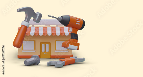 Shop selling various hand tools. Online sale of equipment for repair, prevention, utility services. Realistic illustration in plasticine style. Vector concept for advertising