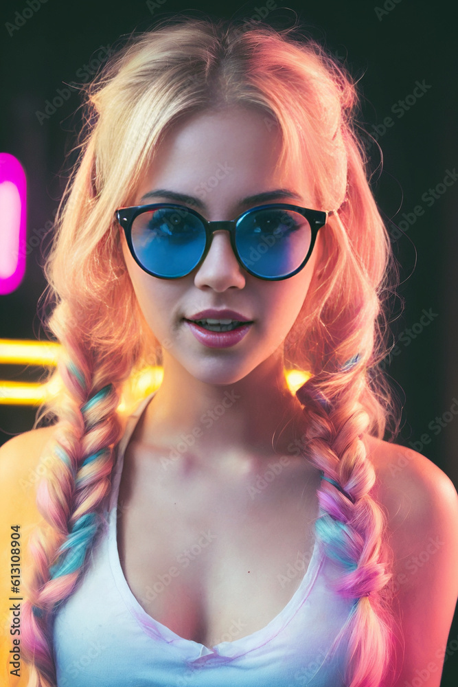 Beautiful blonde girl in a top and shorts and sunglasses at a party in a nightclub dances relaxing and having fun under neon multicolored light. Generative AI