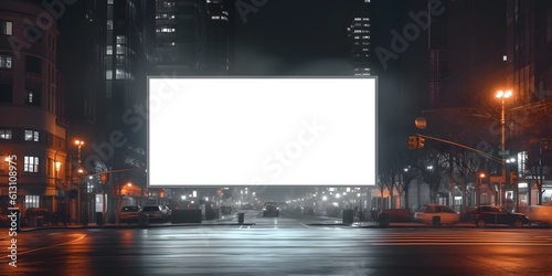 Blank white advertising display billboard in a city street at night with light streaks. Promotional poster mock up