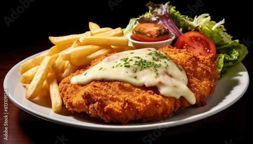 chicken schnitzel Parmigiana with melted cheese served with chips and salad, Generative AI
