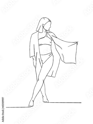 Continuous one line drawing of beautiful girl in swimsuit illustration. Vector illustration.