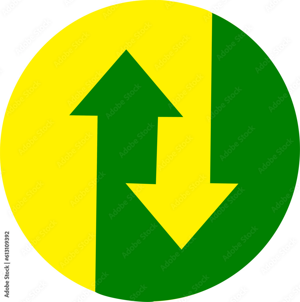 Up down arrows icon inside circle. Green up and yellow down arrows. Upward, downward business icon. Replaceable vector design. Up down arrows icon inside circle. Green up and yellow down arrows. Upward, downward business icon. Replaceable vector design.