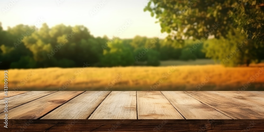 empty wooden table blurred wheat, flower field in the background. with Generative AI empty wooden table blurred wheat, flower field in the background. with Generative AI