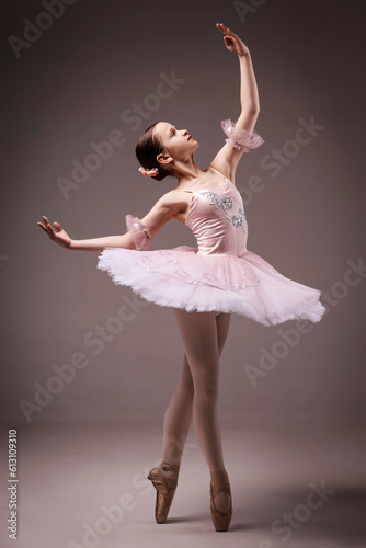 Ballerina. Young Graceful Girl Teen Ballet Dancer, dressed in Professional Outfit, Ballet Shoes and Pink Tutu Skirt. Beautiful Teenager of Classic Ballet Dance