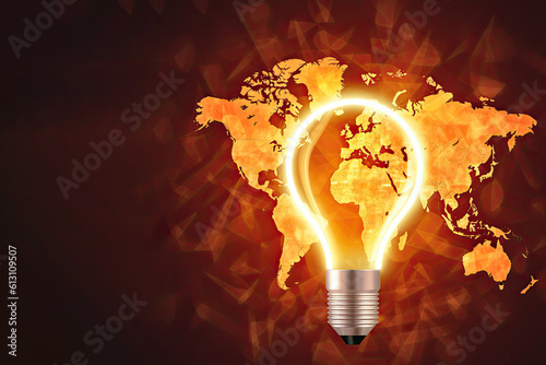 Abstract illustration incandescent bulb on world map in orange color on dark background, representing concept of global restructuring. Banner with copy space. AI generated