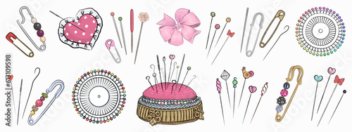 Set of hand drawn pin cushion, safety pin and sewing pin isolated on white background. Sewing tools. Vector illustration