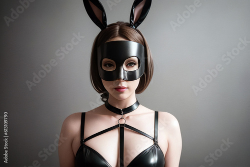 Woman dressed in latex leather suit and bunny mask for adult bdsm games. Generative AI