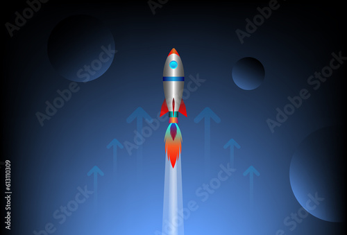 Fototapeta Naklejka Na Ścianę i Meble -  Business Startup Concept. Rocket space ship take off. Rocket launches in space flying. Vector illustration.