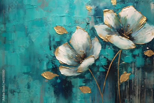 Subtly acrylic textured teal painted flowers light moody background. AI Generative