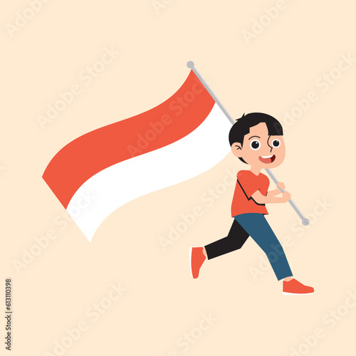 Little boy running and holding flag
