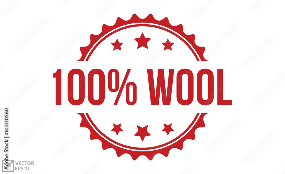 100% Wool stamp red rubber stamp on white background. 100% Wool stamp sign. 100% Wool stamp.