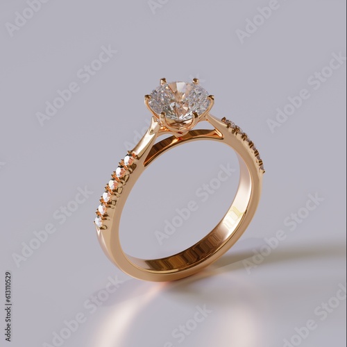 3D render Gold diamond ring design in studio lights, atmospheric concept in a jewelry store.