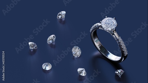 3D render white gold diamond ring design in studio lights with diamonds scattered on the floor with atmospheric concept in a jewelry store. photo