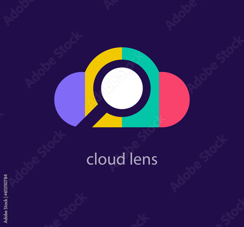Creative cloud search logo. Unique color transitions. Unique cloud-in-the-lens logo template. vector