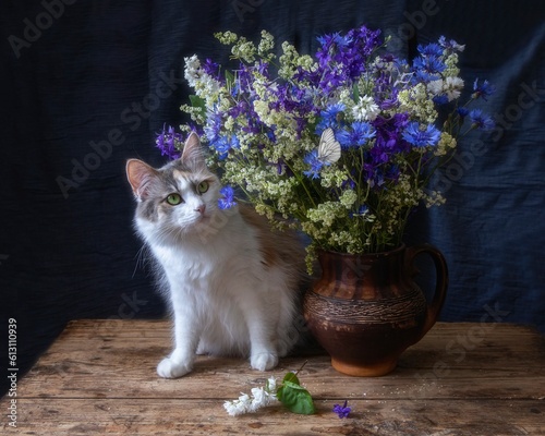 Pretty kitty and bouquet of wild flowers © Iryna