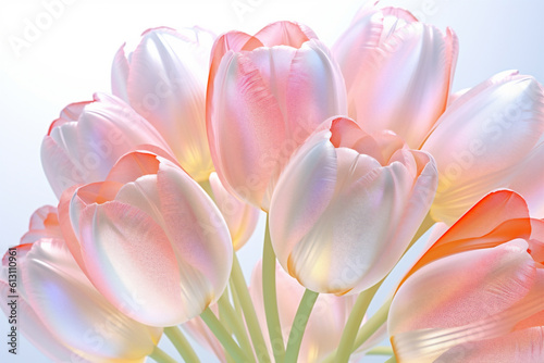 Beautiful bouquet of dream tulip flowers, pastel colors, transparent material, petals like glass, 3D cartoon style, 3D effects, soft texture, pastel color, white background. AI Generative.  © Elena