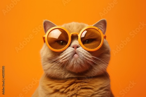 Portrait of a Fat Orange Scottish Fold Cat wearing Orange sunglasses on an orange background