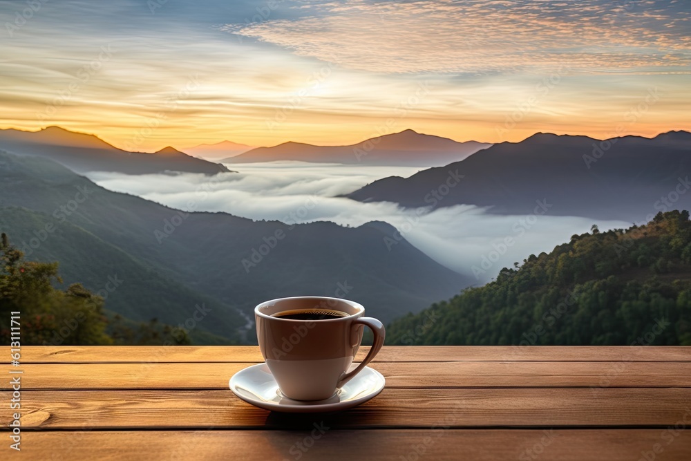 Top view serenity. Hot breakfast fresh cup of coffee on wooden table blur background Top view serenity. Hot breakfast fresh cup of coffee on wooden table blur background