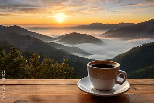 Top view serenity. Hot breakfast fresh cup of coffee on wooden table blur background