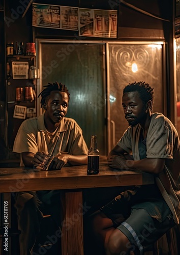 Two African men sitting at a table in a bar. Generative AI.