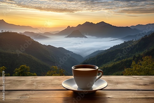 Top view serenity. Hot breakfast fresh cup of coffee on wooden table blur background