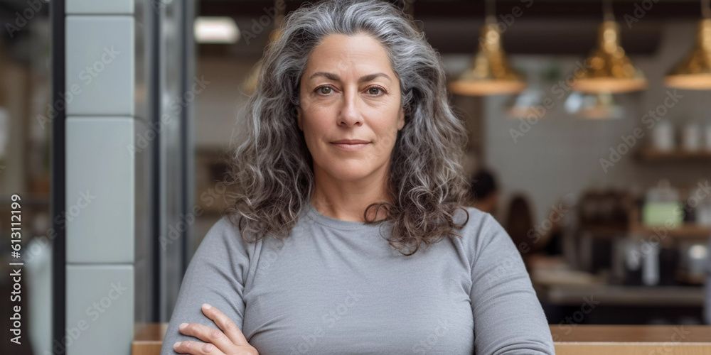 Lifestyle portrait of woman wearing basic long sleeved gray shirt with cafe environment background, Generative AI